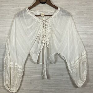 Surf Gypsy Cropped Tie Front Boho Long Sleeve Crochet Trim White Top Medium NWT